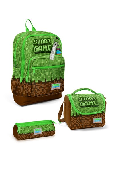 Coral High طقم حقائب مدرسية مكونة من 3 قطع منقوشة باللون الأخضر والبني للأطفا...