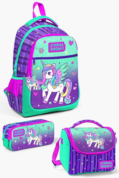 Coral High Σετ σχολικές τσάντες 3 τεμαχίων μωβ μονόκερος - SET0123487