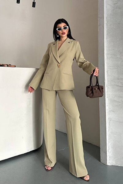 Potenza Women's Two-Piece Top and Bottom Set Stylish Gold Buttoned Blazer Jac...