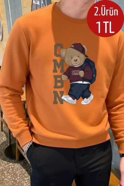 COMBİNE MİCHAİL Erkek Comfort Ayı Baskı Turuncu Sweatshirt