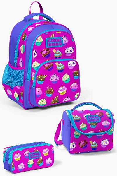Coral High Kids Lavender Pink Cupcake Patterned 3-Piece School Bag Set Goset ...