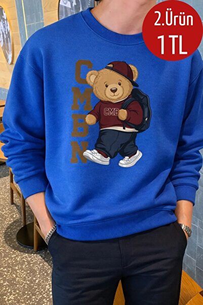 COMBİNE MİCHAİL Erkek Comfort Ayı Baskılı Mavi Sweatshirt