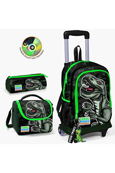 Coral High طقم حقائب أطفال مكونة من 3 قطع بنمط ديناصور باللون الأخضر الداكن و...