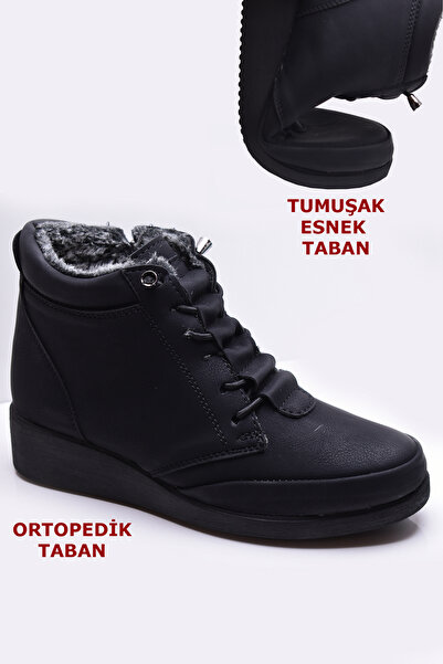 ISPARTALILAR 210 Ortopedik Taban Lastik Bağcıklı İçi Kürklü Siyah Anne Botu K...