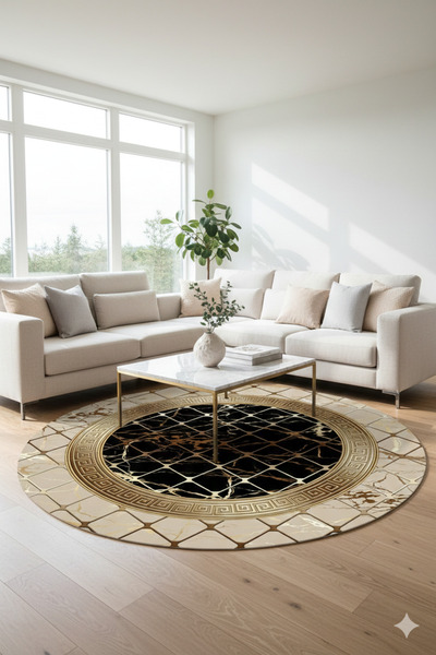 Aldora Vizon-Siyah Pvc Deri Kaymaz Taban Yuvarlak Salon-Hol Halısı B1277