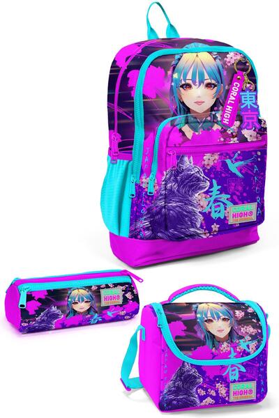 Coral High Μωβ ροζ Anime Cat μοτίβο 3 τεμαχίων σχολική τσάντα - ΣΕΤ 0123753