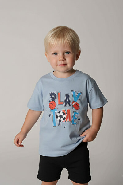 LUESS Light Blue Boy's T-Shirt - Play Time Print, 2-3 and 8-9 Years