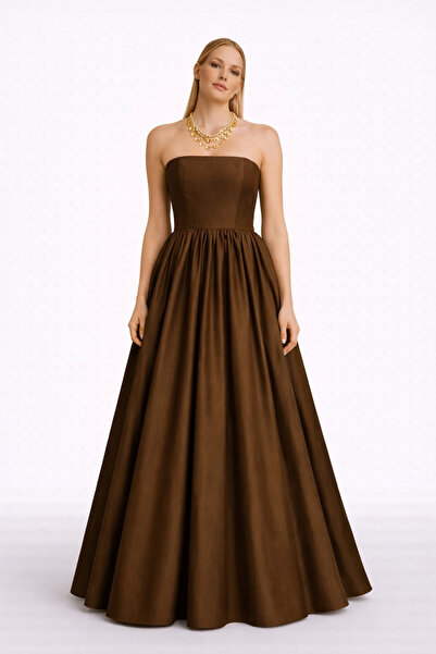 MERT ERKAN Tam Daire Açılımlı & Büzgülü Maxi Straplez Tafta Elbise