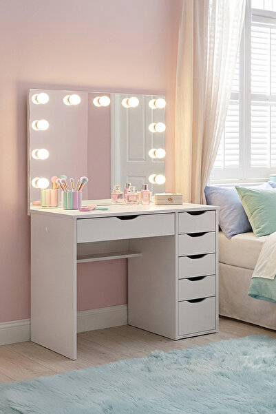 benim odam Diva Full Hollywood Led Işıklı Aynalı 6 Çekmeceli Kulis Makyaj Mas...