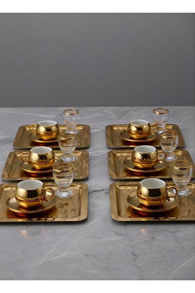 SİNİ Paslanmaz Çelik 6 Adet Kare Lüx Desenli Gold Ad-20 Kahve, Çay Sunum Serv...