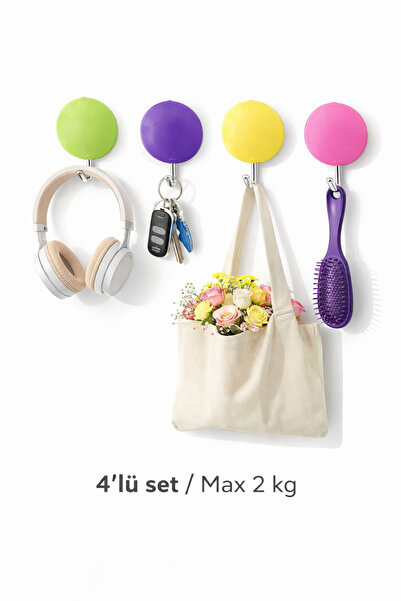 Hayveys 4'Lü Renkli Yuvarlak Yapışkanlı Askı Aksesuar,Banyo,Mutfak Askısı