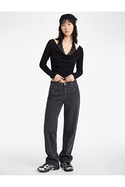 Koton Tricou cu mânecă lungă slim fit cu guler halter și detaliu din dantelă