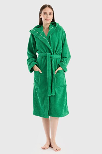 Benetton Home Bathrobe Men Women Unisex with Hat Green 100% Cotton