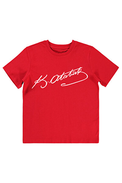 Çapıt Βαμβακερό λευκό μπλουζάκι με στάμπα Atatürk και κόκκινο κοντό μανίκι 23...