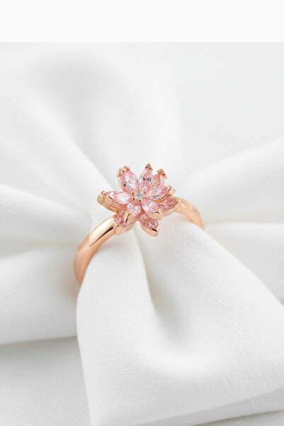 ÇEKİRDEK JEWELRY 925 Ayar Gümüş Ayarlanabilir Pembe Taşlı Lotus Yüzük
