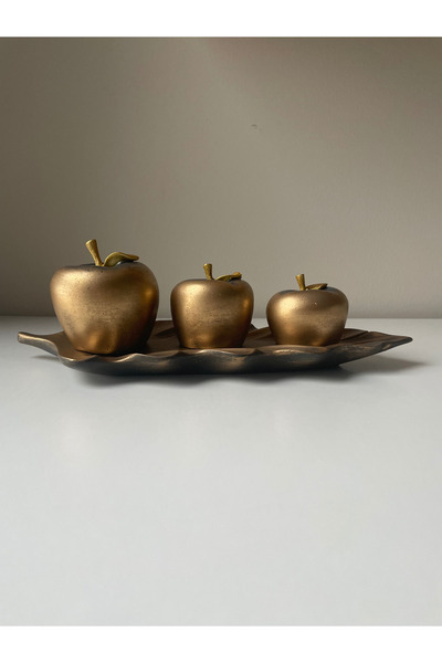Melidya Altın Siyah 3’lü Dekoratif Yaprak Tabak & Elma Seti – Şık Masa ve Kon...