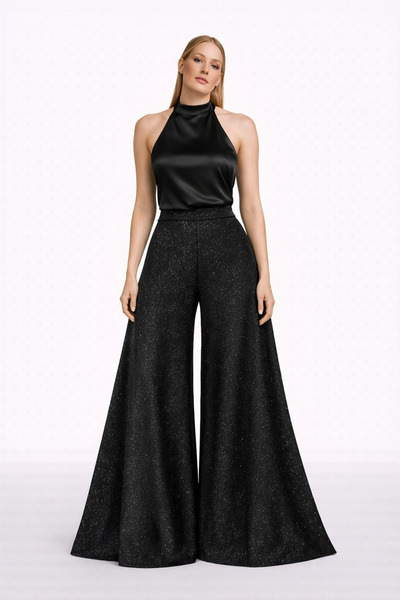 MERT ERKAN Sparkly Black Jersey Stylish Trousers with High Waist & Wide Legs