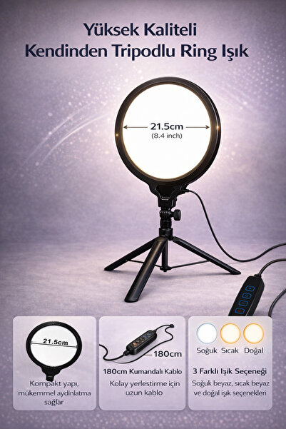 Coverzone 21.5cm Halka Işık 180cm Kablolu Stüdyo Işığı Fotoğraf Makinesi Kame...