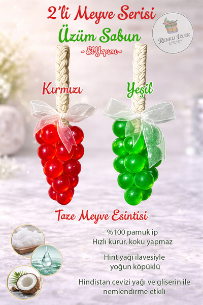 RenkliİzlerAtölyesi El Yapımı Üzüm Salkım Sabun(İkili Set Kırmızı-Yeşil Kurde...