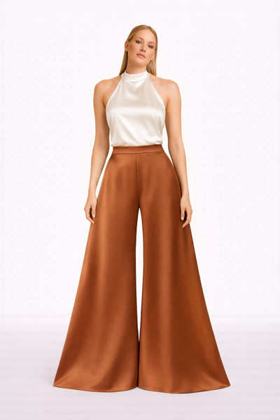 MERT ERKAN High Waist & Wide Leg Satin Stylish Trousers