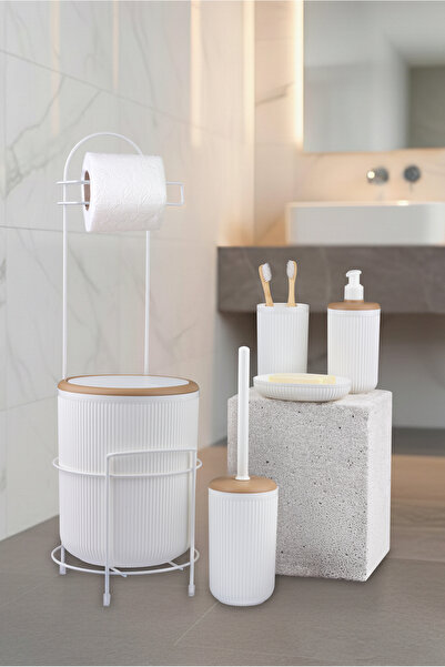 Okyanus Home Kırık Beyaz Yuvarlak Mina Due Wc Kağıtlık ve 6 Parça Banyo Seti ...