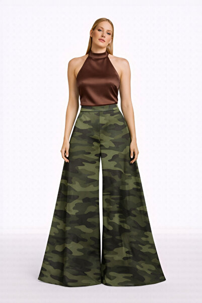 MERT ERKAN High Waist & Wide Leg Camouflage Patterned Poplin Stylish Trousers