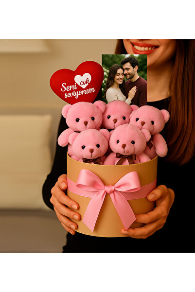 GİFTSTİME Kişiye Özel Fotoğraflı Pembe 5'li Ayıcık Buketi Sevgiliye Hediye