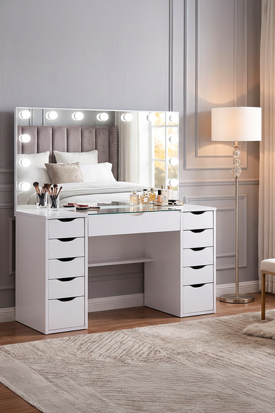 benim odam Diva Cam Tablalı Full Hollywood Led Işıklı 11 Çekmeceli Makyaj Mas...