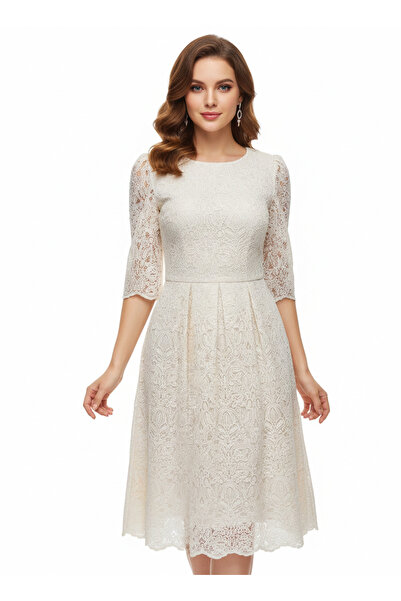 star form Güpürlü Krem Elbise