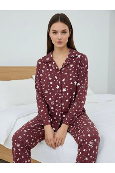 Fanwet طقم بيجامة نسائي من الجلد المدبوغ بأكمام طويلة ونقشة نجمة وأزرار أمامية