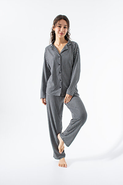 Ecrou Women's Black Piti Square Long Sleeve Peter Pan collar Pants Pajama Set