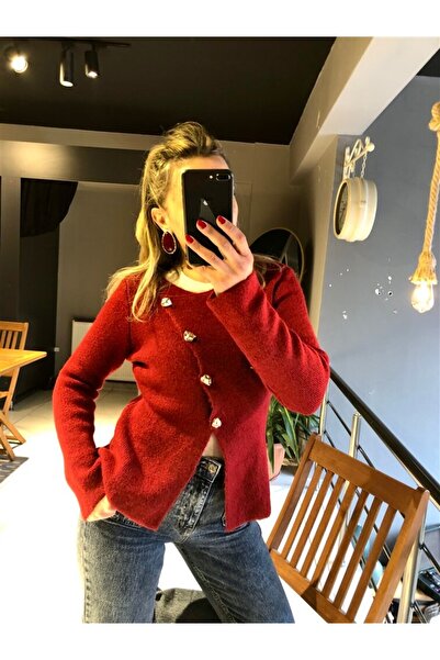 Gözde Tasarım Butik Women's Burgundy Color Boat Neck Cross Cut Gold Buttoned ...