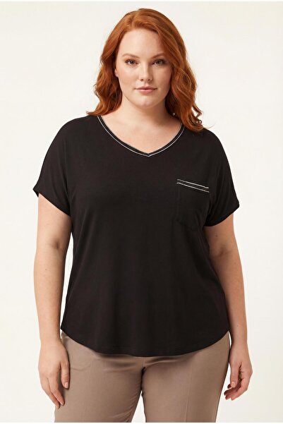 Ebsumu Women's plus size v-neck black blouse with silver trim on the collar a...