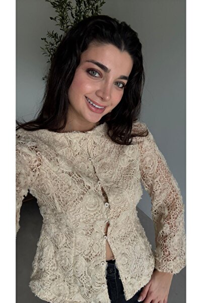 Bade Butik Bluză cămașă din dantelă bej