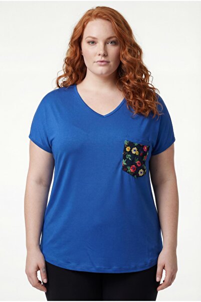 Ebsumu Women's Plus Size V-Neck Pocket Floral Embroidered Blue Blouse