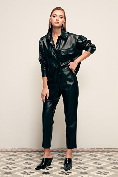 Sateen Pantaloni din piele plisată - Negru