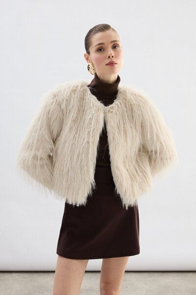 Sateen Crew Neck Faux Fur - Stone