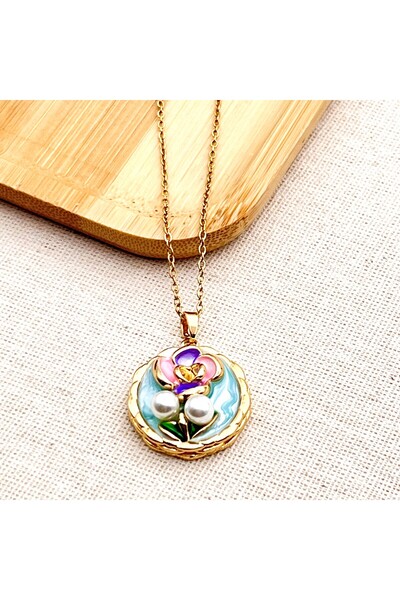 Siya Silver Double Pearl Rose Detailed Steel Necklace