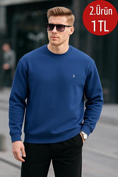 COMBİNE MİCHAİL İndigo Renk Basic Bisiklet Yaka Relaxed Regular Erkek Sweatshirt