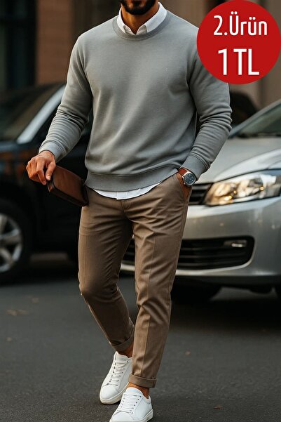 COMBİNE MİCHAİL Erkek Basic Bisiklet Yaka Gri Bol Sweatshirt