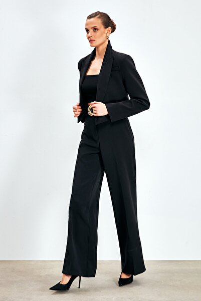 Sateen Klasik Bol Paça Pantolon - Siyah