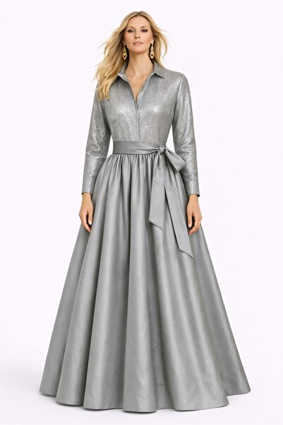 MERT ERKAN جزء القميص مزين بالترتر والجزء من التنورة فستان قميص طويل أنيق من ...