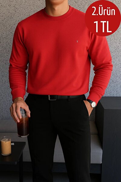 COMBİNE MİCHAİL سويت شيرت رجالي شتوي فضفاض أساسي باللون الأحمر