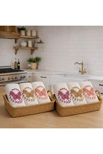 AYHANHOME Hasır Sepette Kelebek Desenli 3'lü Çeyizlik Hediyelik 30x50 Mutfak ...
