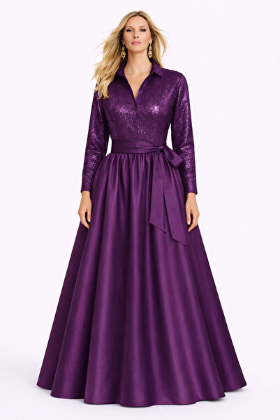 MERT ERKAN Gömlek Kısmı Payet & Etek Kısmı Tafta Şık Maxi Gömlek Elbise