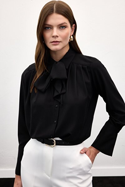 Sateen Cămașă cu eșarfă - Negru