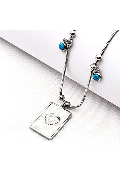 Siya Silver قلادة على شكل قلب من الفولاذ المقاوم للصدأ باللون الفيروزي واللؤلؤ