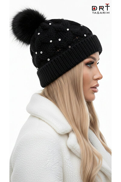 drt tasarım قبعة بيريه سوداء مزينة بالحجارة اللامعة من ستار موديل للنساء DRT-...