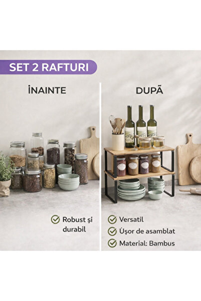 SMARTECH Set 2 rafturi extensibile și multifuncționale, bambus/oțel