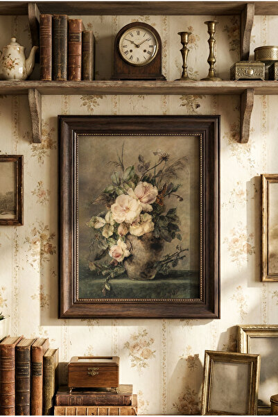 epiqart Vazoda Çalı Gülleriyle Natürmort - Vintage Desenli Çerçeve